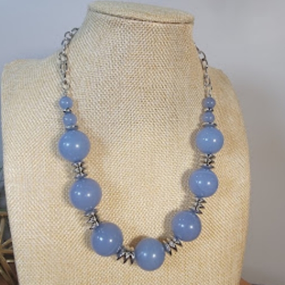 Blue Beaded Necklace With Silver Tone Accents Statement Jewelry - Picture 4 of 15